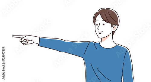 Illustration of a young man indicating a direction with his outstretched arm and pointing finger, suggesting a path or choice, drawn with a clean line