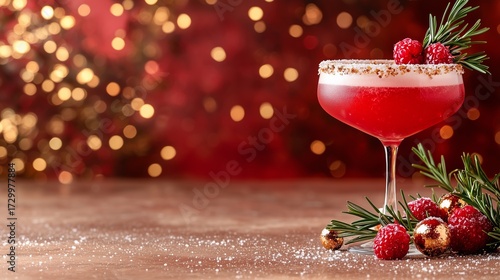 A festive cocktail in a decorative glass, garnished with raspberries and rosemary.