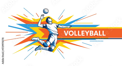 Illustration of a volleyball player spiking the ball with dynamic, colorful graphic elements.