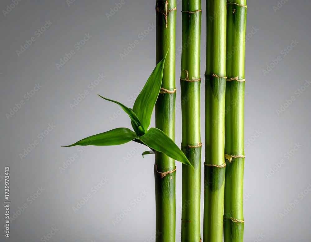 Fototapeta premium Lush green bamboo stalks against a muted gray backdrop, a vibrant new shoot emerging