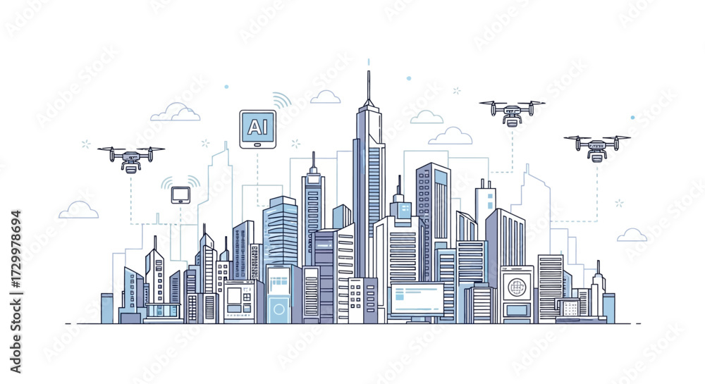 Fototapeta premium Futuristic cityscape featuring drones, connected devices, and modern skyscrapers, all linked.