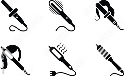 Collection of Black and White Icons of Hair Styling Tools