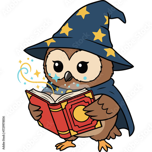 A cute cartoon owl dressed as a wizard with a pointed star hat and cape. Beautiful and colorful vector art perfect for stickers, t-shirts, nursery decor, or library posters.