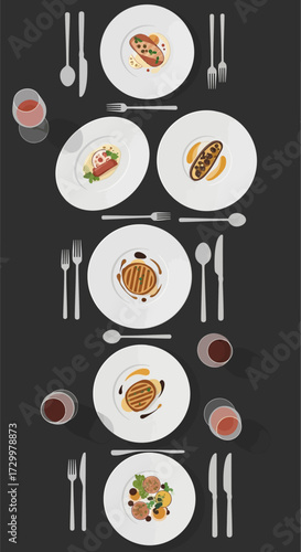 Overhead view of multiple plates of food with silverware and wine glasses on a dark surface.