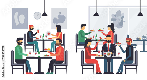 People enjoying meals and drinks, socializing at tables inside a restaurant.