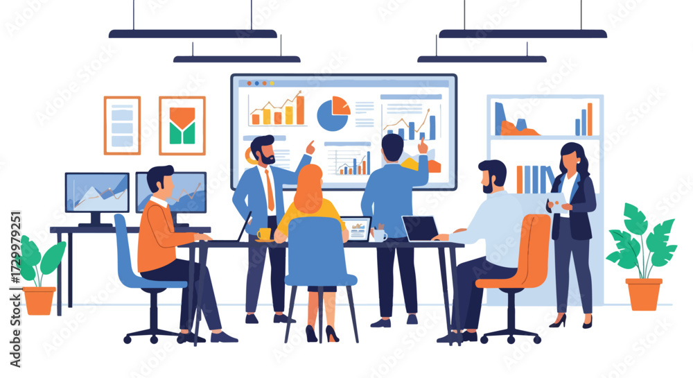 Fototapeta premium Flat style illustration of business team analyzing charts and graphs on a big screen during a meeting, symbolizing teamwork, strategy, growth, and corporate data-driven decision-making