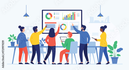 Flat style illustration of business team analyzing charts and graphs on a big screen during a meeting, symbolizing teamwork, strategy, growth, and corporate data-driven decision-making