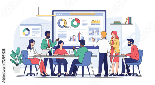Flat style illustration of business team analyzing charts and graphs on a big screen during a meeting, symbolizing teamwork, strategy, growth, and corporate data-driven decision-making