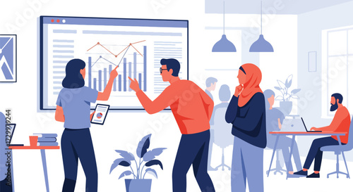 Flat style illustration of business team analyzing charts and graphs on a big screen during a meeting, symbolizing teamwork, strategy, growth, and corporate data-driven decision-making