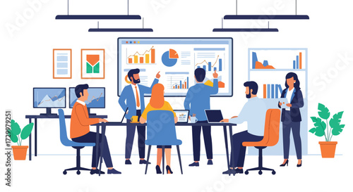Flat style illustration of business team analyzing charts and graphs on a big screen during a meeting, symbolizing teamwork, strategy, growth, and corporate data-driven decision-making