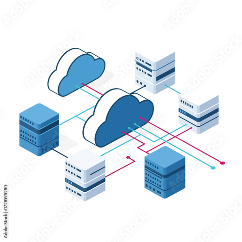 3d isometric view Flat style illustration of cloud computing network with servers and data storage connected, symbolizing cloud technology, data transfer, hosting, digital infrastructure