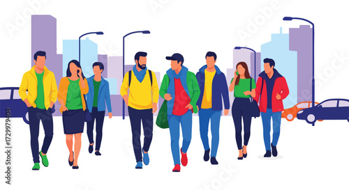 Flat style illustration of diverse people crossing the street in an urban city, showcasing everyday life, diversity, fashion, and city living with traffic lights in the background