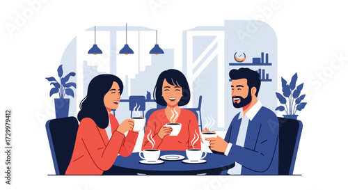 Flat style illustration of friends enjoying coffee together in a cozy café, sharing laughter and conversation, representing friendship, relaxation, and social connection over warm drinks