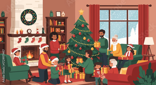 A multi-generational family joyfully exchanging Christmas gifts in a cozy living room.