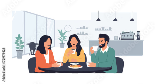 Flat style illustration of friends enjoying coffee together in a cozy café, sharing laughter and conversation, representing friendship, relaxation, and social connection over warm drinks