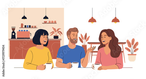 Flat style illustration of friends enjoying coffee together in a cozy café, sharing laughter and conversation, representing friendship, relaxation, and social connection over warm drinks