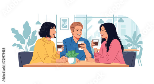 Flat style illustration of friends enjoying coffee together in a cozy café, sharing laughter and conversation, representing friendship, relaxation, and social connection over warm drinks