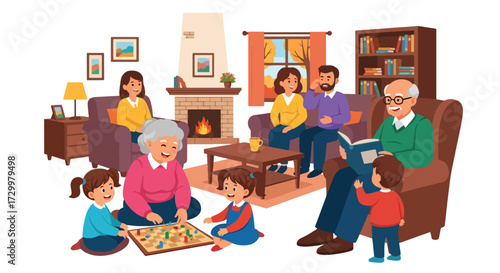 Flat style illustration of a happy multigenerational family spending time together at home, with grandparents reading and children playing, symbolizing love, bonding, warmth, and family traditions