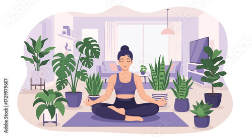 Flat style illustration of a woman meditating at home on a yoga mat, surrounded by indoor plants, promoting mindfulness, relaxation, self-care, and a healthy balanced lifestyle.