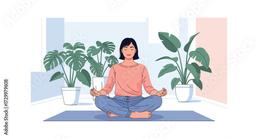 Flat style illustration of a woman meditating at home on a yoga mat, surrounded by indoor plants, promoting mindfulness, relaxation, self-care, and a healthy balanced lifestyle.