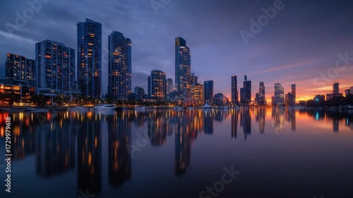 Wallpaper Mural Dramatic city skyline at sunset with reflections on water Torontodigital.ca