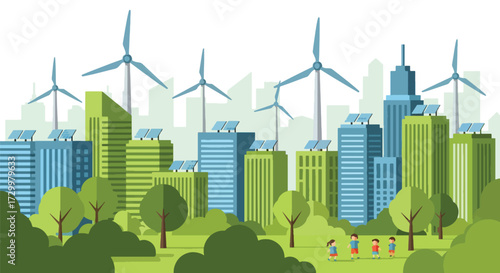 Flat style illustration of a sustainable smart city with skyscrapers, solar panels, wind turbines, and green spaces, symbolizing eco-friendly urban living, clean energy, and modern smart technology