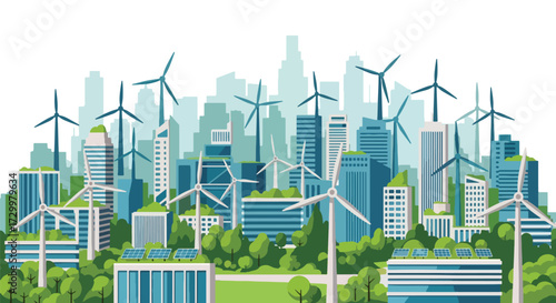 Flat style illustration of a sustainable smart city with skyscrapers, solar panels, wind turbines, and green spaces, symbolizing eco-friendly urban living, clean energy, and modern smart technology