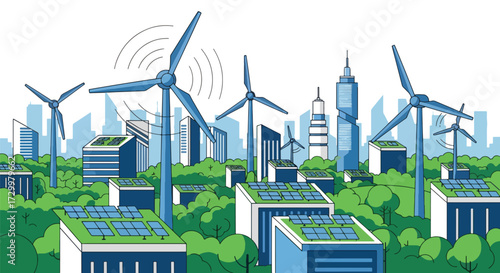 Flat style illustration of a sustainable smart city with skyscrapers, solar panels, wind turbines, and green spaces, symbolizing eco-friendly urban living, clean energy, and modern smart technology