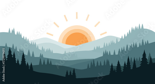 Flat style illustration of a sunset over rolling hills with pine trees, featuring warm orange and yellow tones, symbolizing nature, peace, and scenic landscape beauty