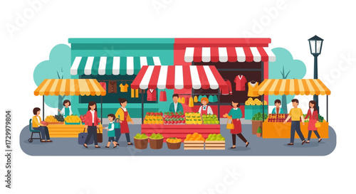 A vibrant outdoor market scene with vendors selling produce and goods to customers under colorful awnings.