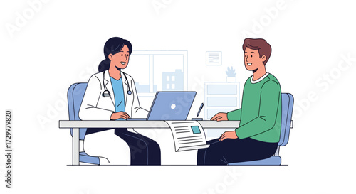 Flat style illustration of a doctor consulting with a patient in a hospital room, symbolizing healthcare, recovery, treatment, and professional medical support