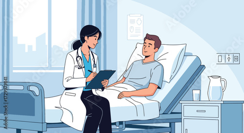 Flat style illustration of a doctor consulting with a patient in a hospital room, symbolizing healthcare, recovery, treatment, and professional medical support