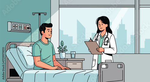 Flat style illustration of a doctor consulting with a patient in a hospital room, symbolizing healthcare, recovery, treatment, and professional medical support