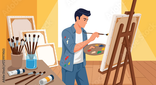 flat style Illustration of an artist painting a colorful landscape on canvas in a bright studio, surrounded by brushes, paints, and blank canvases, symbolizing creativity, art, and inspiration