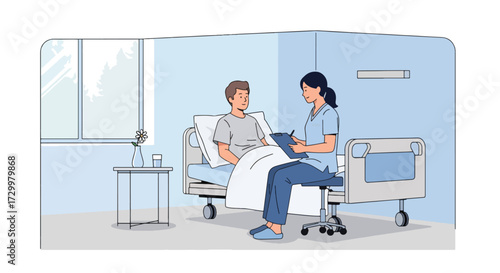 Flat style illustration of a doctor consulting with a patient in a hospital room, symbolizing healthcare, recovery, treatment, and professional medical support