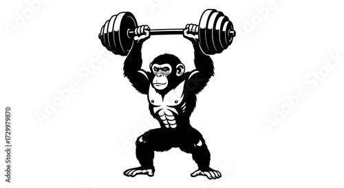 Cartoon Ape lifting heavy barbell in black and white illustration showing muscular primate strength and determination in fitness conceptual image promoting healthy lifestyle and animal power