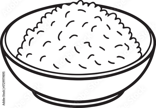 Simple black and white illustration of a bowl of fluffy rice outline vector illustration, line art
