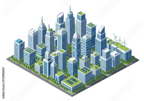 3D view Isometric illustration of a modern city skyline with tall skyscrapers, green rooftops, and urban planning, symbolizing business, architecture, real estate, and sustainable metropolitan develop