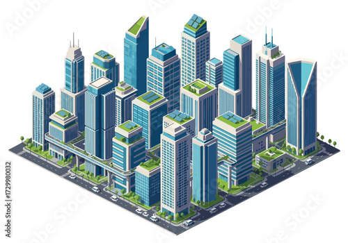 3D view Isometric illustration of a modern city skyline with tall skyscrapers, green rooftops, and urban planning, symbolizing business, architecture, real estate, and sustainable metropolitan develop