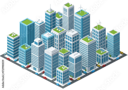 3D view Isometric illustration of a modern city skyline with tall skyscrapers, green rooftops, and urban planning, symbolizing business, architecture, real estate, and sustainable metropolitan develop