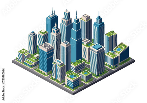 3D view Isometric illustration of a modern city skyline with tall skyscrapers, green rooftops, and urban planning, symbolizing business, architecture, real estate, and sustainable metropolitan develop