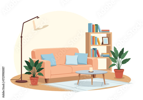 Flat style illustration of a cozy living room interior with sofa, bookshelves, houseplants, coffee table, and large window, symbolizing comfort, home decor, relaxation, and modern lifestyle