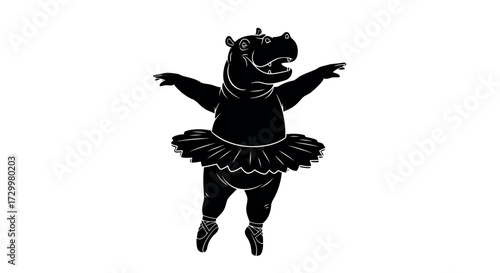 Whimsical silhouette of a dancing hippopotamus wearing a tutu and ballet shoes performing a graceful pose isolated on transparent background