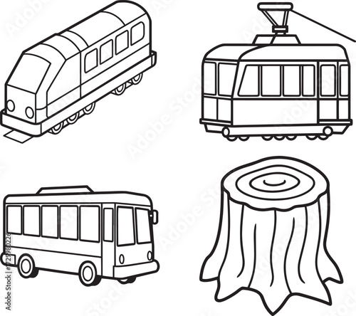 Collection of black and white line drawings of transportation and nature elements outline vector illustration, line art
