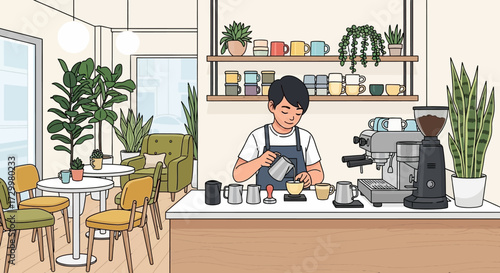 A barista carefully pours milk into a cup while preparing coffee in a cafe setting.