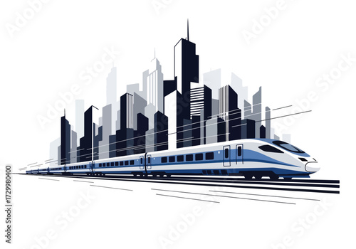 Flat style illustration high-speed train illustration with city skyline background, representing fast transportation, travel, urban mobility, and futuristic railway systems