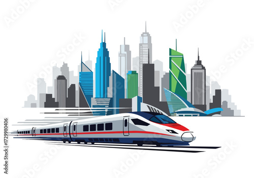 Flat style illustration high-speed train illustration with city skyline background, representing fast transportation, travel, urban mobility, and futuristic railway systems