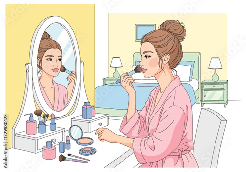 Illustration of a young woman applying makeup at her vanity in a cozy bedroom, symbolizing beauty routine, skincare, cosmetics, and self-care lifestyle