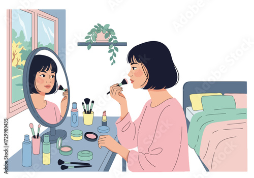 Illustration of a young woman applying makeup at her vanity in a cozy bedroom, symbolizing beauty routine, skincare, cosmetics, and self-care lifestyle