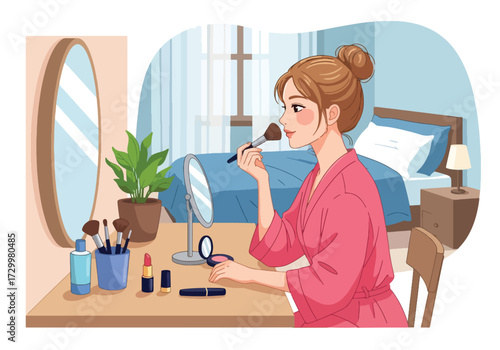 Illustration of a young woman applying makeup at her vanity in a cozy bedroom, symbolizing beauty routine, skincare, cosmetics, and self-care lifestyle